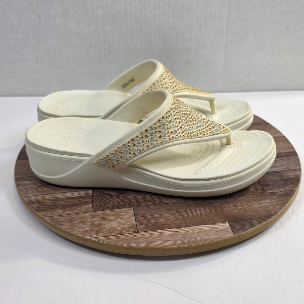 Crocs Sloane Sandals Womens Sz 10 White Embellished Rhinestone Thong Flip Flops